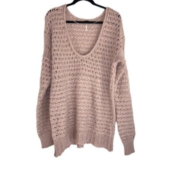 Free People Mauve Crochet Scoopneck Pullover Sweater Off the Shoulder - Picture 2 of 6